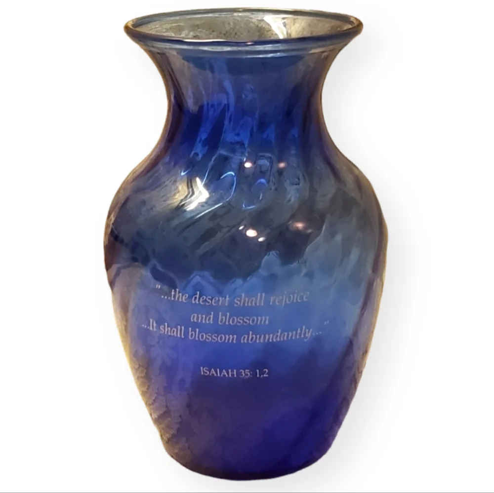 Vintage Cobalt Blue Glass Vase Isaiah 35:1,2 Bloom